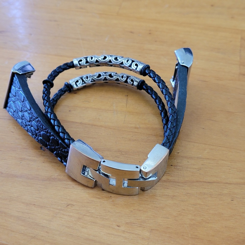 Black Faux Leather Multi Strand Bracelet Silver Tone Gothic 36g
